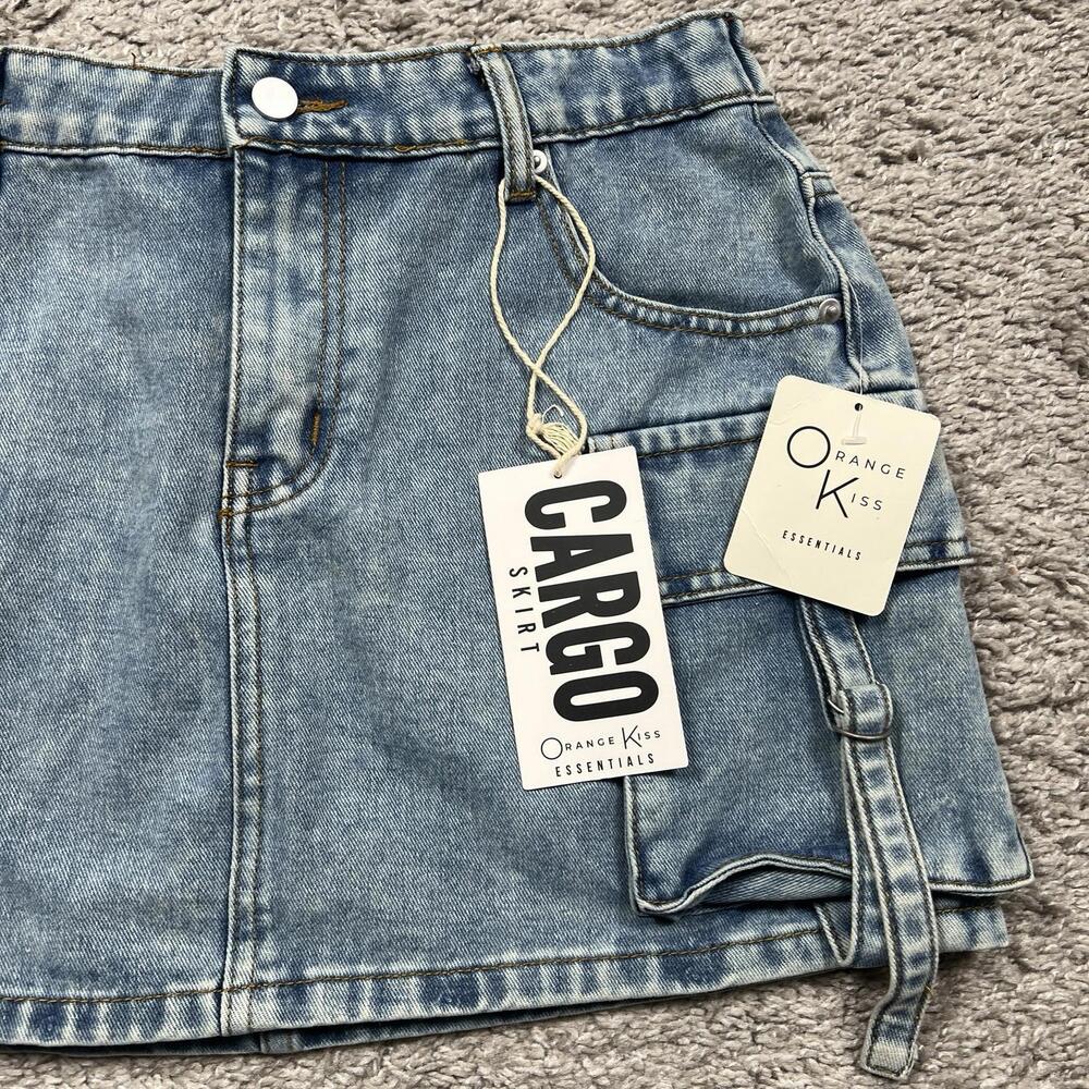 NWT NEW Y2K Orange Kiss Ultra Low Waist Denim Cargo Mini Skirt Sz Medium - Picture 2 of 7